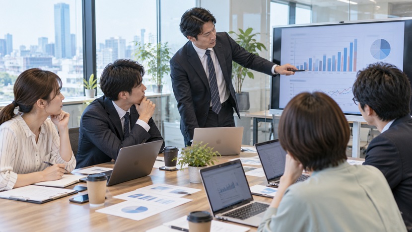 会議で仕事の状況を具体的な言葉で説明する社員