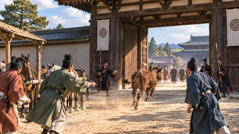 奈良時代を思わせる宮城の門で牛や馬などの家畜が突然走り出し門番が振り向く様子