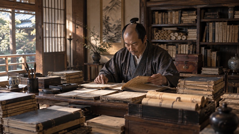 江戸時代を思わせる書斎で学者が和綴じ本や巻物を広げ古い文献を読み比べている様子