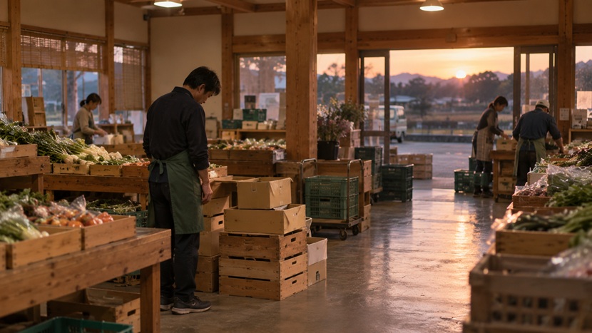 閉店後の農産物直売所で自分の失敗を振り返り仲間に面目ないと感じている男性