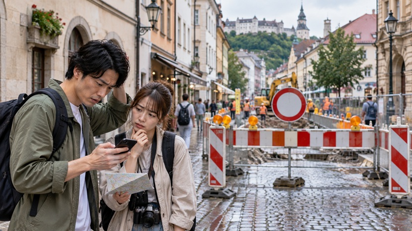 海外の街角で通行できない道路を見て困る日本人旅行者