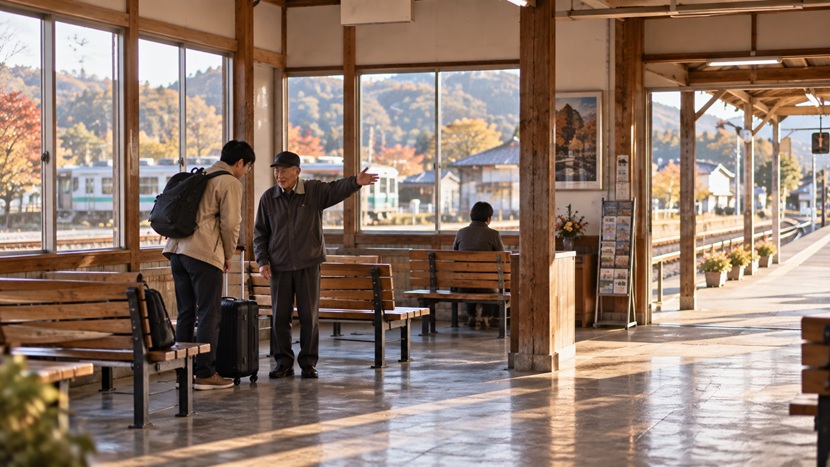 地方の駅で道に迷った旅行者に地元の人が親切に道を教える様子