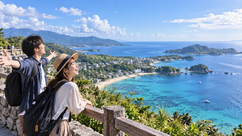 海外の美しい景色を見て驚き感動する日本人旅行者
