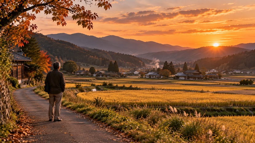 秋の夕暮れに故郷の田園風景を静かに眺める人物