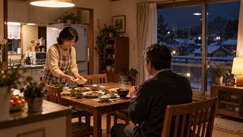 冬の夜に家族が用意した温かい家庭料理を前にする人物