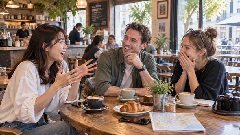 カフェで英語の日常会話を楽しむ日本人と外国人の友人