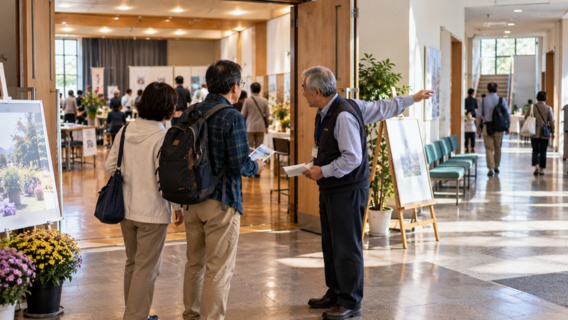 イベント会場で来場者に案内したあと補足情報を伝えるスタッフ