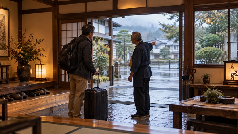 旅館の主人が出発する宿泊客に念のため追加の情報を伝える場面