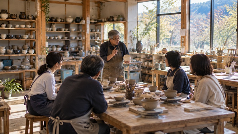 陶芸教室で説明を終えた講師が参加者にもう一言付け加えて伝える場面