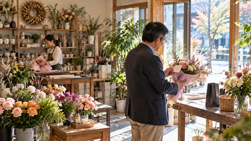 花屋で贈り物の花束に短いメッセージカードを添える人物