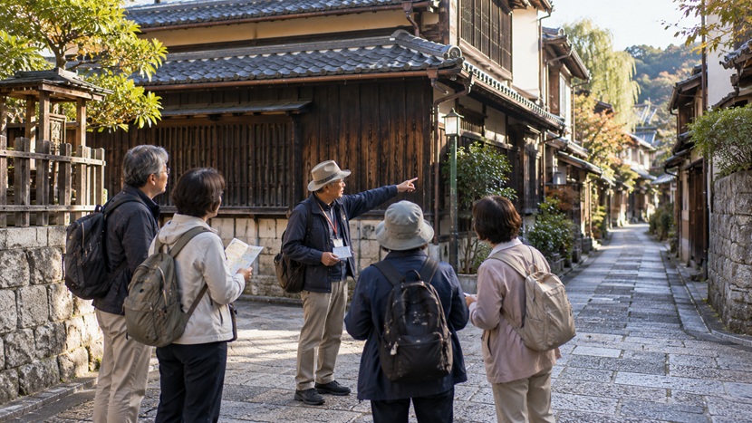 街歩きのガイドが説明のあとに参加者へ追加情報を伝える場面
