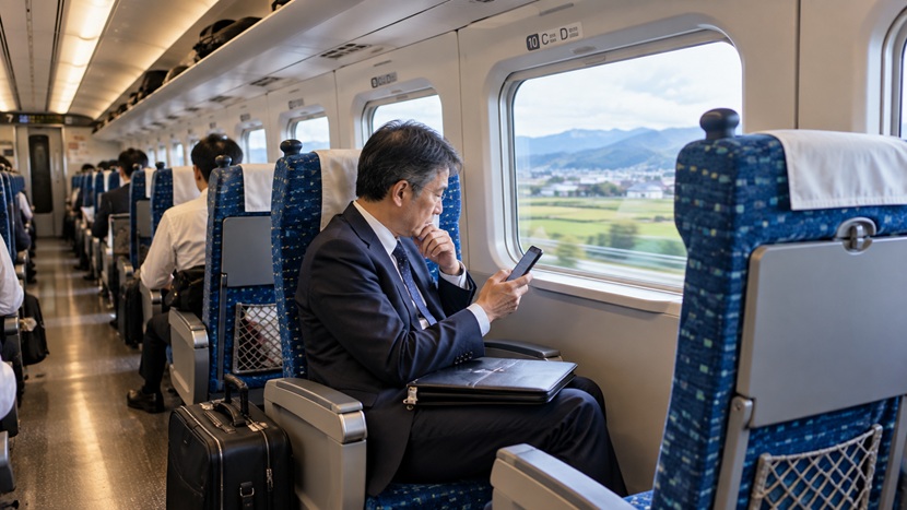 列車で移動中のビジネスパーソンが取引先へのメールを確認する様子