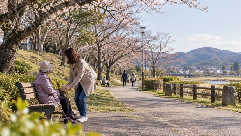 公園で高齢の女性に温かい飲み物をそっと用意する心遣いのイメージ