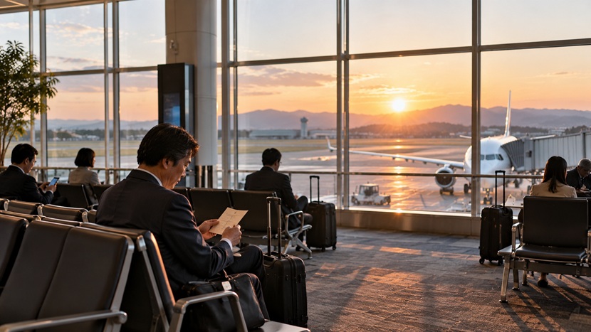 出張帰りの空港で相手からの心遣いを感じるビジネス客のイメージ