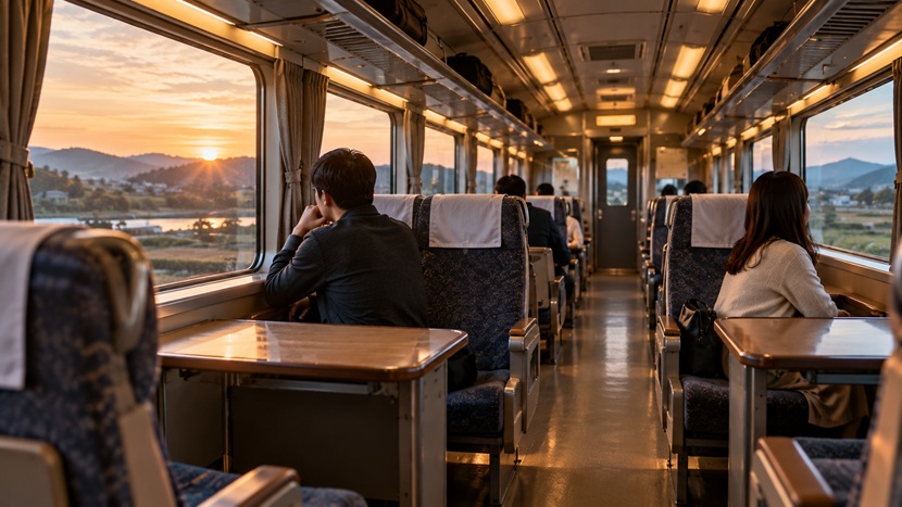 同じ列車の座席に近く座りながら別々の方向を見る二人
