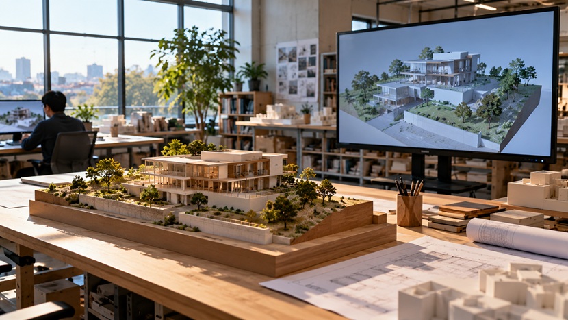 実物の建築模型と画面上のデジタル3Dモデルを比較する設計スタジオ