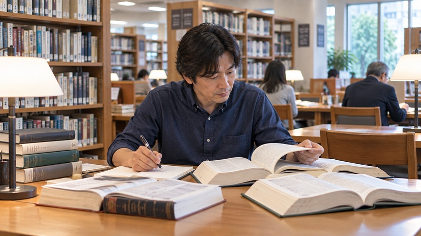 漢和辞典を使って漢字の複数の読み方を調べる人物