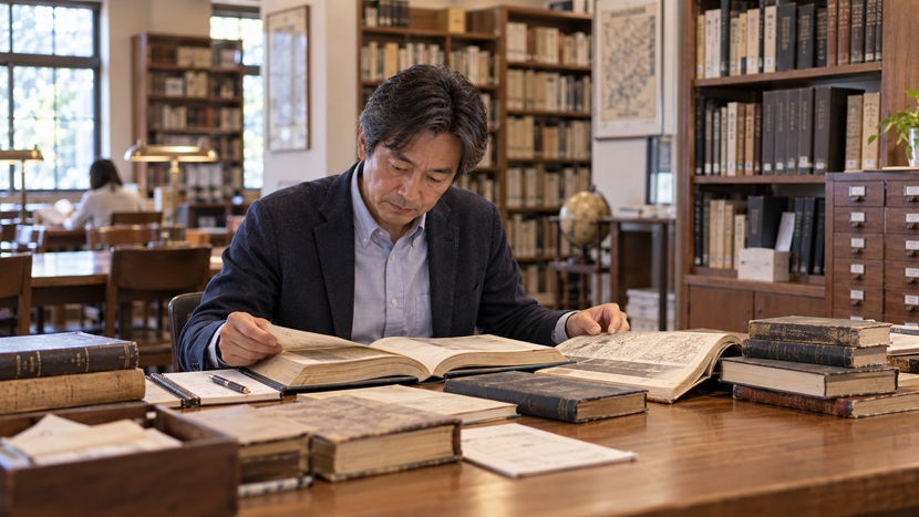 古い辞書や資料から出納の読み方の歴史を調べる人物