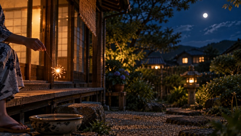 夏の夜の縁側で消えかける線香花火を見つめる情景