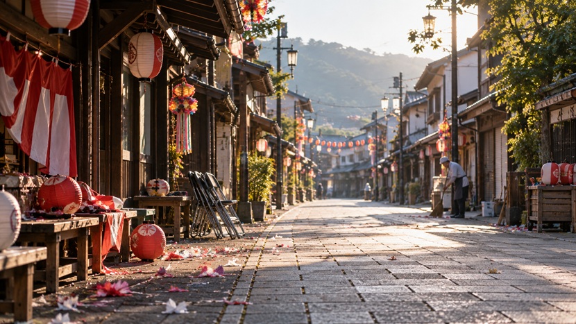 祭りが終わった翌朝の静かな商店街に残る提灯と椅子