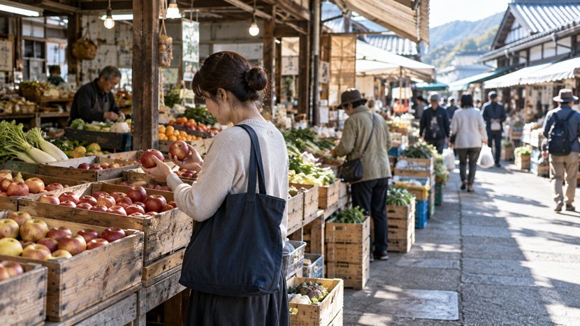 青果市場でよく似た二つの果物を手に取って見比べる人物