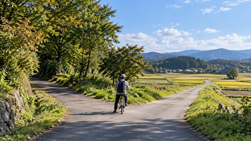 田園地帯の二方向に分かれる道で進む方向を考える自転車の人物