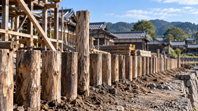 同じ高さに並んだ木製の杭の中で一本だけ高く出ている杭