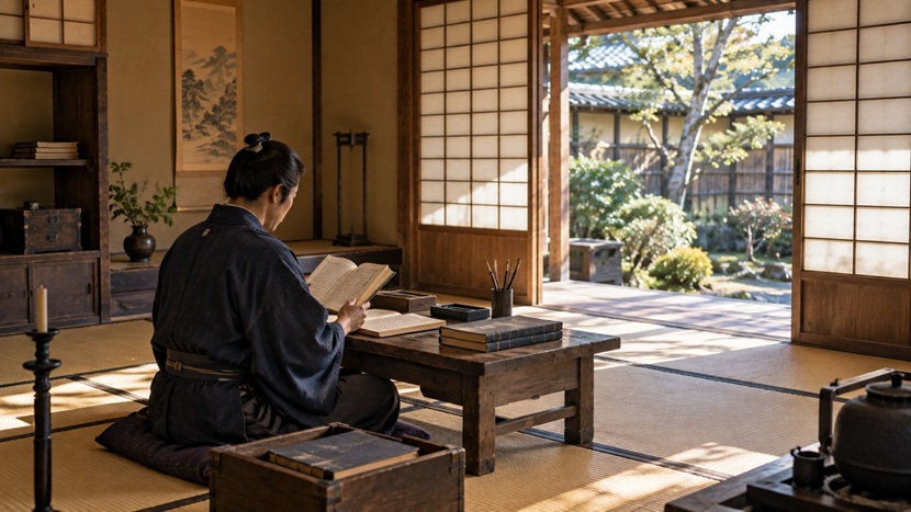 江戸時代前期を思わせる日本家屋で和綴じの古い書物を読む人物