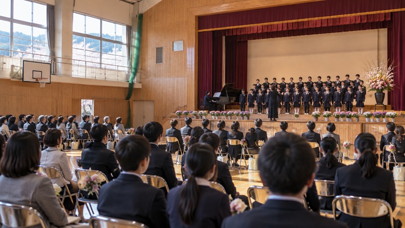 山あいの学校の卒業式で卒業生に合唱を贈る在校生