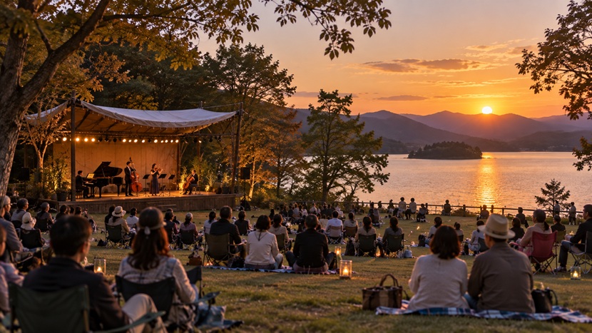 夕暮れの湖畔の野外音楽祭で演奏を楽しむ観客とステージ