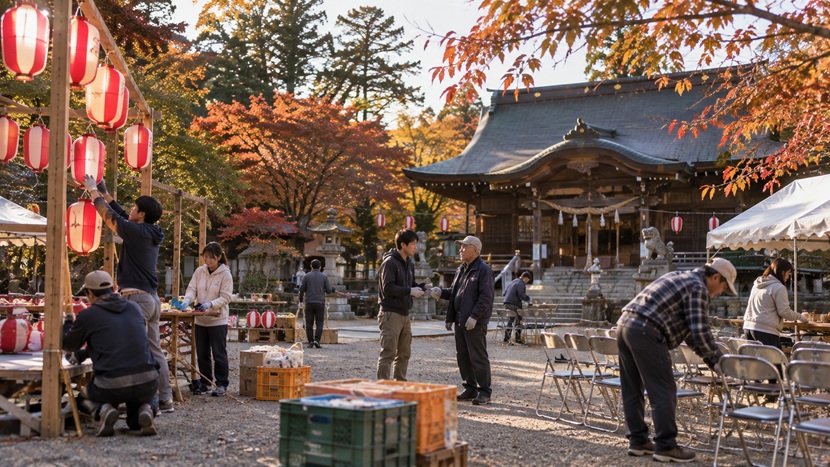 秋祭りの準備を一緒に行う若者と地域の年配者たち