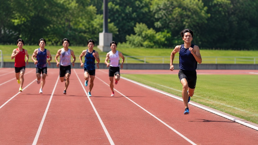 横一列のランナーから一人だけ大きく抜け出して走る様子