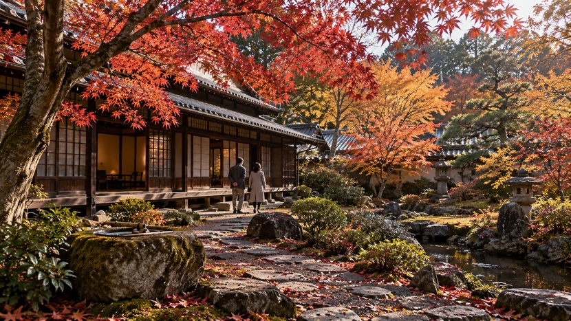 紅葉が古い日本家屋と庭園の美しさを引き立てる秋の風景