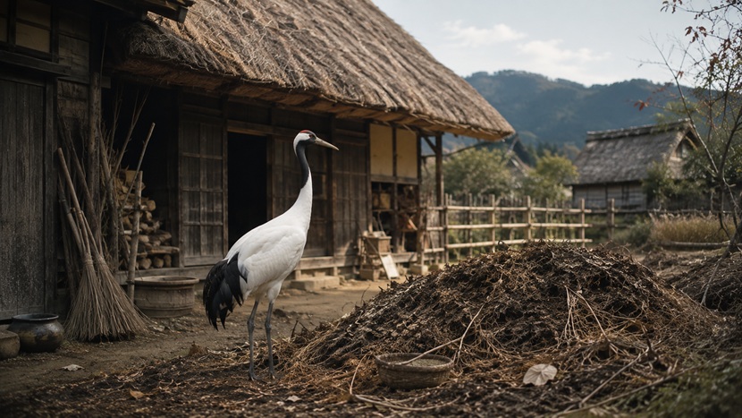 昔の日本家屋の掃き溜めの近くに美しい鶴が立っている様子