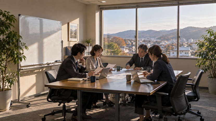 議終了後に企画の成果を資料を見ながら振り返る社員たち