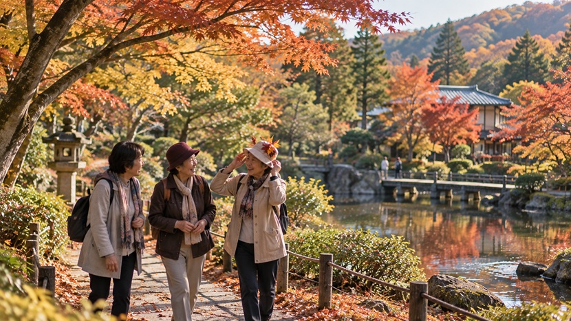 秋の庭園を旅行中に落ち葉で遊び心を見せる年上の女性たち