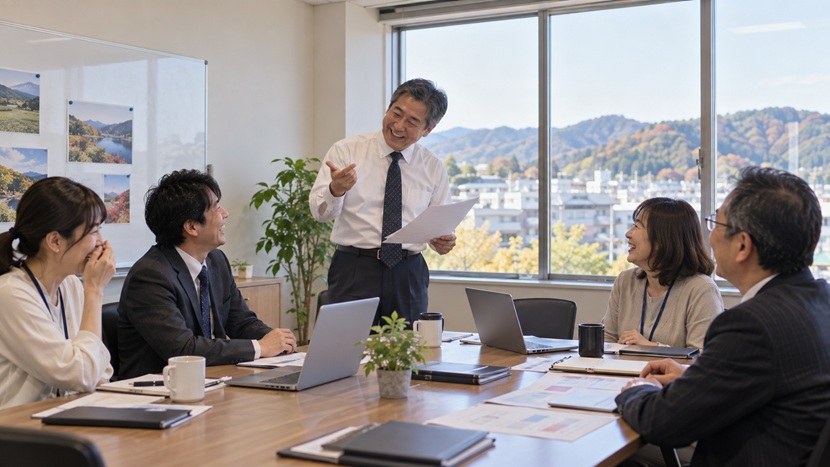会議中にユーモアのある一言で周囲を和ませる上司と社員たち