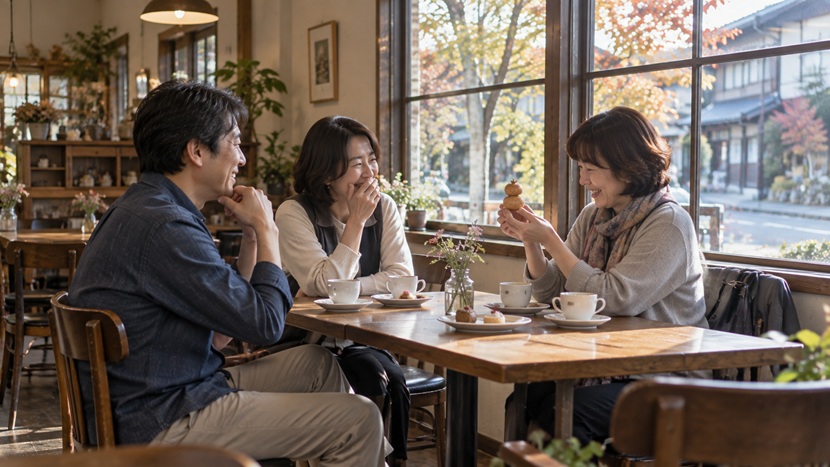 カフェで遊び心のある行動を見せ周囲と笑う女性
