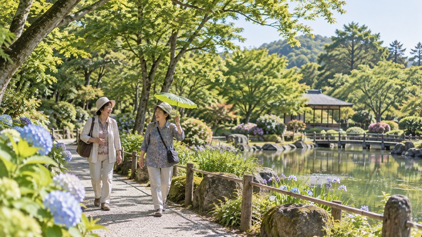 庭園を散策中に自然な遊び心を見せる年上の女性二人