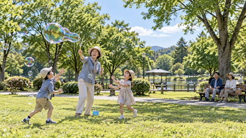 公園で子どもと一緒にシャボン玉を楽しむ大人の女性