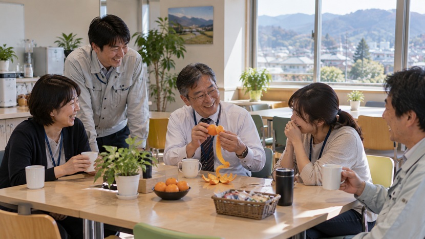 職場の休憩時間に遊び心のある一面を見せて社員を笑わせる上司