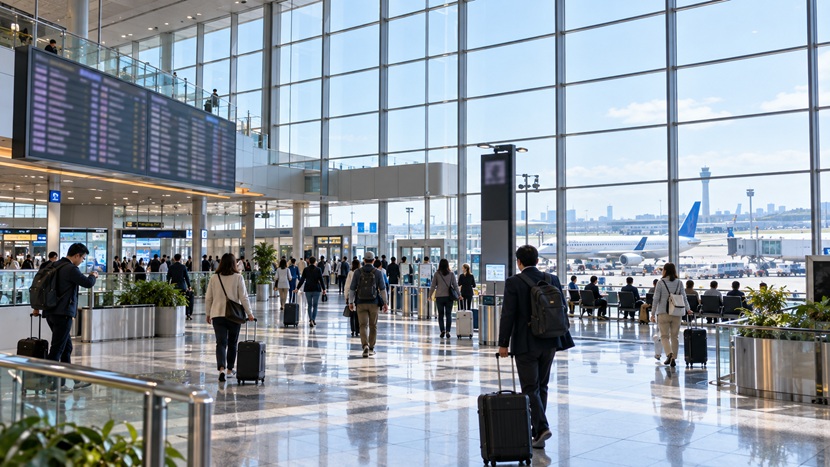 さまざまな時間に行動する旅行者が行き交う国際空港の出発ロビー