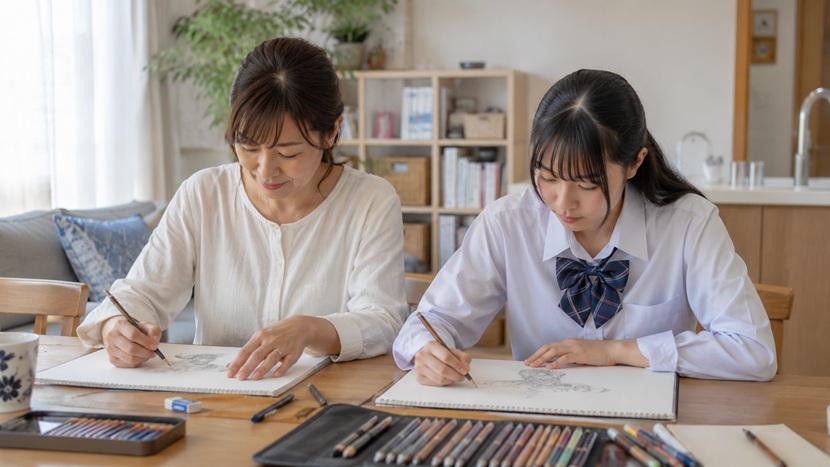 並んで絵を描く母親と娘