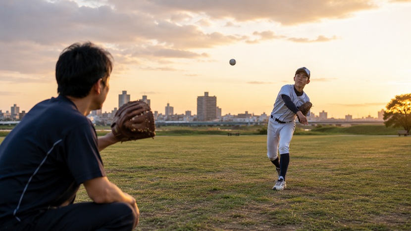 野球経験のある父親と本格的に野球をする息子