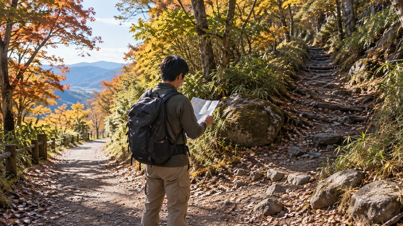 山道の分かれ道で地図を確認し進む方向を考える男性