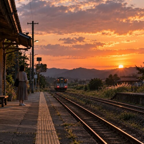 夕暮れの駅で走り去る列車を見送る人物と静かなホーム