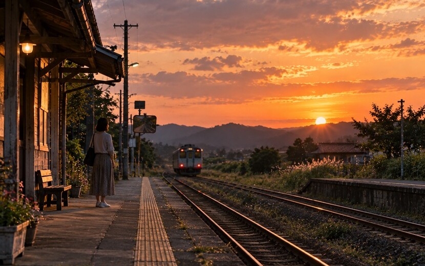 夕暮れの駅で走り去る列車を見送る人物と静かなホーム