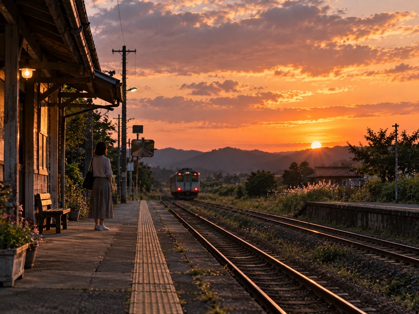夕暮れの駅で走り去る列車を見送る人物と静かなホーム