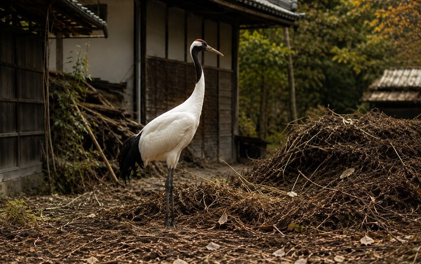 地味な周囲の中に一羽の美しい鶴が立つ「掃き溜めに鶴」のイメージ