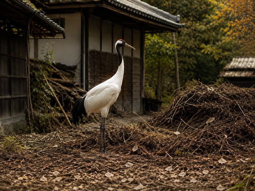 地味な周囲の中に一羽の美しい鶴が立つ「掃き溜めに鶴」のイメージ